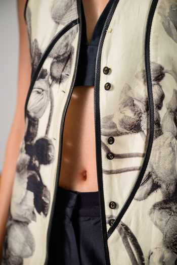 Shop The Dramebaaz CO Off White Chanderi Vintage Floral V Neck Whisper Print Waistcoat Online at Aza Fashions Shop_The Dramebaaz CO_Off White Chanderi Vintage Floral V Neck Whisper Print Waistcoat _Online_at_Aza_Fashions