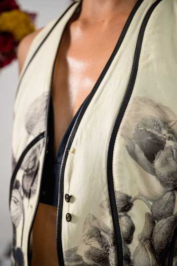 Shop The Dramebaaz CO Off White Chanderi Vintage Floral V Neck Whisper Print Waistcoat Shop_The Dramebaaz CO_Off White Chanderi Vintage Floral V Neck Whisper Print Waistcoat