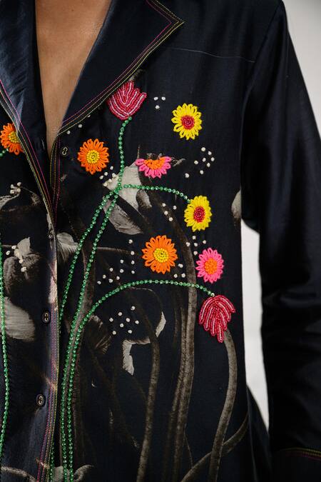 The Dramebaaz CO_Black Chanderi Vintage Floral Camp Heirloom Petal Print And Embroidered Shirt _Online_at_Aza_Fashions
