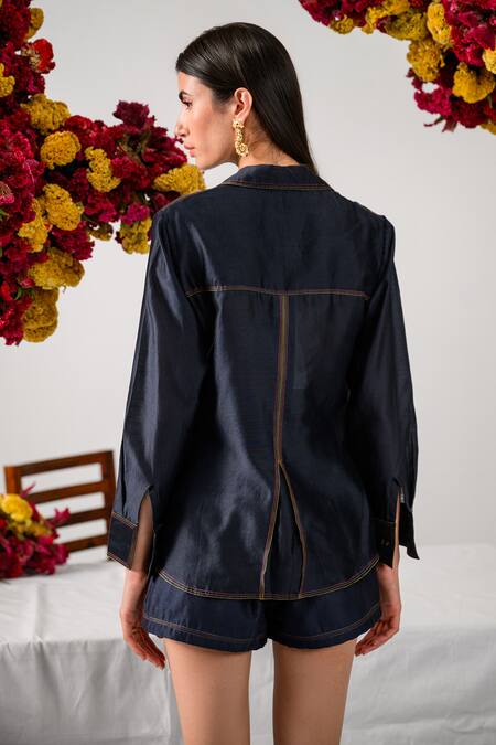 Buy_The Dramebaaz CO_Black Chanderi Vintage Floral Camp Heirloom Petal Print And Embroidered Shirt _Online_at_Aza_Fashions