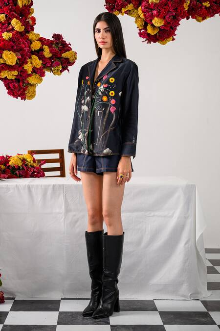 Shop_The Dramebaaz CO_Black Chanderi Vintage Floral Camp Heirloom Petal Print And Embroidered Shirt _Online_at_Aza_Fashions