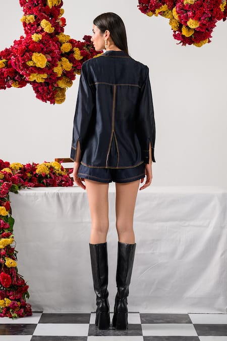 Shop_The Dramebaaz CO_Black Chanderi Vintage Floral Camp Heirloom Petal Print And Embroidered Shirt _at_Aza_Fashions