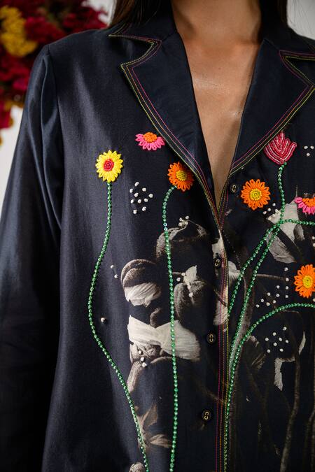 The Dramebaaz CO_Black Chanderi Vintage Floral Camp Heirloom Petal Print And Embroidered Shirt _at_Aza_Fashions
