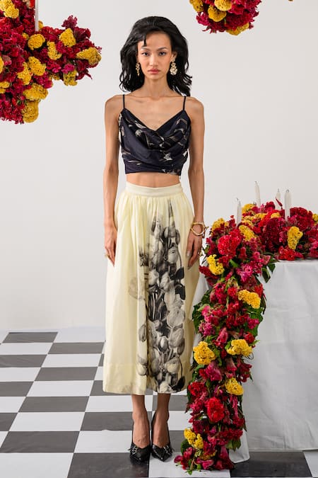Shop The Dramebaaz CO Black Chanderi Cowl Neck Abstract Print Bustier And Skirt Set at Aza Fashions Shop_The Dramebaaz CO_Black Chanderi Cowl Neck Abstract Print Bustier And Skirt Set _at_Aza_Fashions