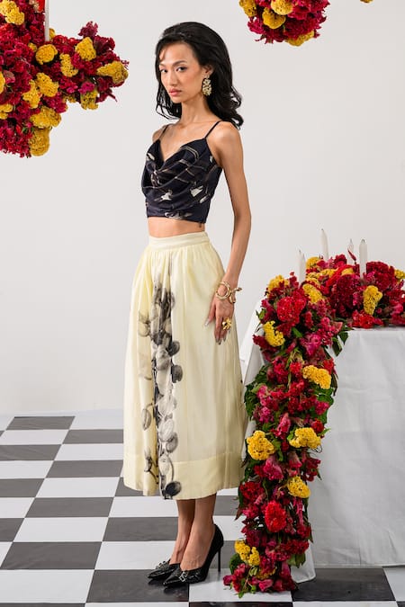 Buy The Dramebaaz CO Black Chanderi Cowl Neck Abstract Print Bustier And Skirt Set Online at Aza Fashions Buy_The Dramebaaz CO_Black Chanderi Cowl Neck Abstract Print Bustier And Skirt Set _Online_at_Aza_Fashions