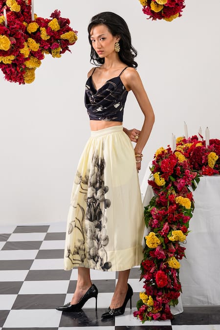 Shop The Dramebaaz CO Black Chanderi Cowl Neck Abstract Print Bustier And Skirt Set Online at Aza Fashions Shop_The Dramebaaz CO_Black Chanderi Cowl Neck Abstract Print Bustier And Skirt Set _Online_at_Aza_Fashions