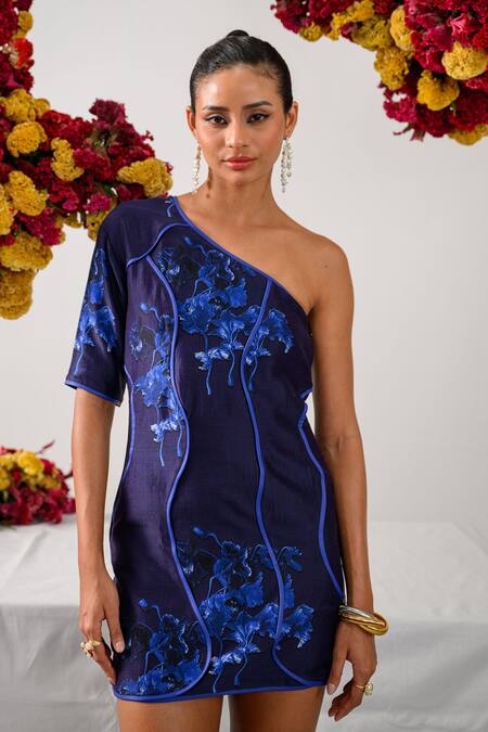 The Dramebaaz CO_Blue Chanderi Embroidery Asymmetric Navy 3d Floral Printed Dress _Online_at_Aza_Fashions