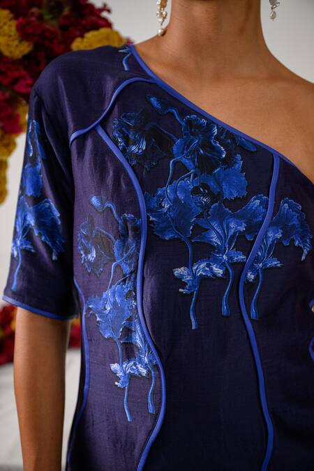Shop_The Dramebaaz CO_Blue Chanderi Embroidery Asymmetric Navy 3d Floral Printed Dress _Online_at_Aza_Fashions
