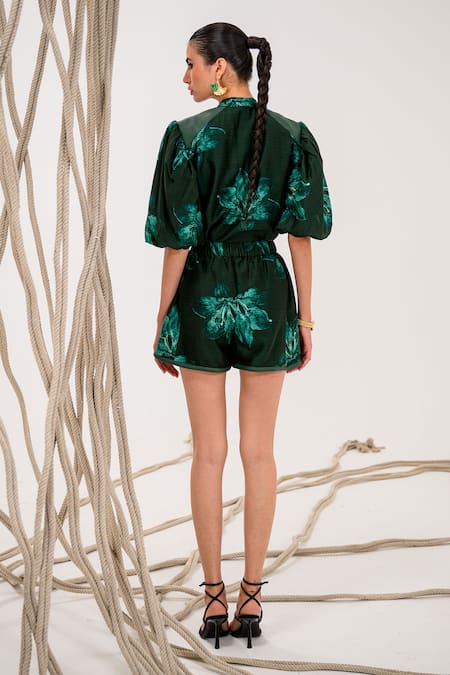 Shop_The Dramebaaz CO_Green Chanderi Lily V Neck Fern Print Top And Shorts Set _at_Aza_Fashions