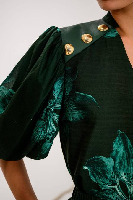 Shop_The Dramebaaz CO_Green Chanderi Lily V Neck Fern Print Top And Shorts Set _Online_at_Aza_Fashions