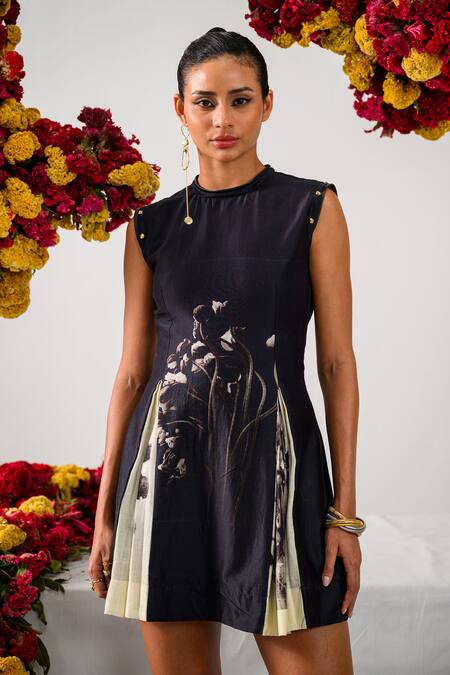 Shop_The Dramebaaz CO_Black Chanderi Studs Round Neck Vintage Floral Dress _Online_at_Aza_Fashions