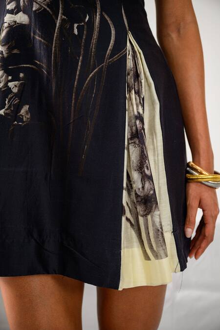 The Dramebaaz CO_Black Chanderi Studs Round Neck Vintage Floral Dress _at_Aza_Fashions