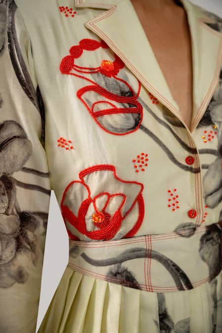 Buy The Dramebaaz CO Off White Chanderi Beads, Embroidery Collared Floral Dress Buy_The Dramebaaz CO_Off White Chanderi Beads, Embroidery Collared Floral Dress