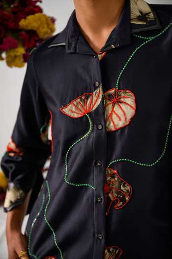 The Dramebaaz CO Black Chanderi Sequins, Beads Collared Vintage Floral Embroidered Shirt Online at Aza Fashions The Dramebaaz CO_Black Chanderi Sequins, Beads Collared Vintage Floral Embroidered Shirt _Online_at_Aza_Fashions