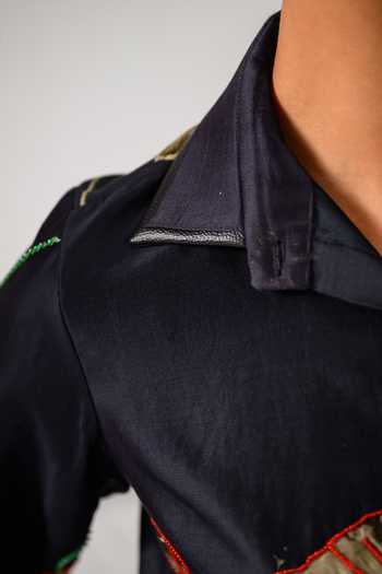 Shop The Dramebaaz CO Black Chanderi Sequins, Beads Collared Vintage Floral Embroidered Shirt Online at Aza Fashions Shop_The Dramebaaz CO_Black Chanderi Sequins, Beads Collared Vintage Floral Embroidered Shirt _Online_at_Aza_Fashions