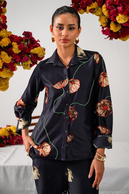 The Dramebaaz Co Vintage Floral Embroidered Black Shirt 