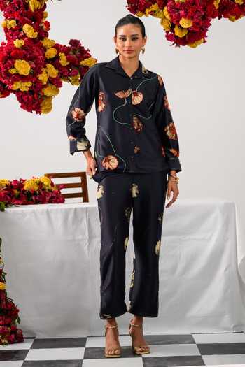 The Dramebaaz CO Black Chanderi Sequins, Beads Collared Vintage Floral Embroidered Shirt at Aza Fashions The Dramebaaz CO_Black Chanderi Sequins, Beads Collared Vintage Floral Embroidered Shirt _at_Aza_Fashions