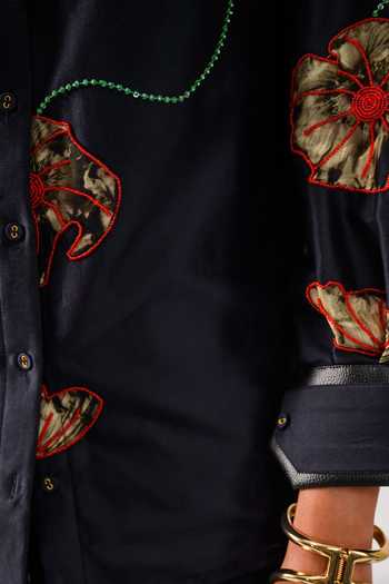 Buy The Dramebaaz CO Black Chanderi Sequins, Beads Collared Vintage Floral Embroidered Shirt Buy_The Dramebaaz CO_Black Chanderi Sequins, Beads Collared Vintage Floral Embroidered Shirt