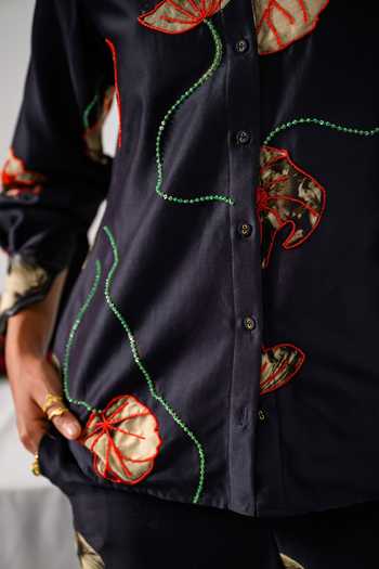 Shop_The Dramebaaz CO_Black Chanderi Sequin, Bead, Vintage Floral Fleur Print Shirt And Trouser Set _Online_at_Aza_Fashions