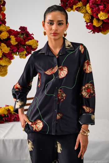 Shop_The Dramebaaz CO_Black Chanderi Sequin, Bead, Vintage Floral Fleur Print Shirt And Trouser Set 
