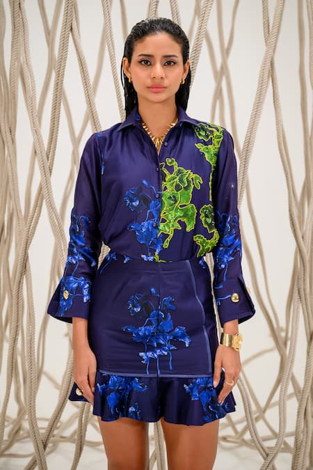 The Dramebaaz CO_Blue Chanderi Sequin, Thread, 3d Floral Twilight Reef Print Shirt And Skirt Set _Online_at_Aza_Fashions