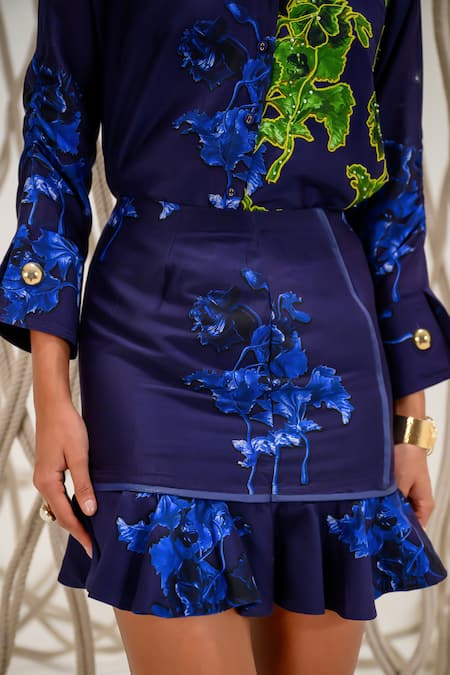 Buy_The Dramebaaz CO_Blue Chanderi Sequin, Thread, 3d Floral Twilight Reef Print Shirt And Skirt Set _Online_at_Aza_Fashions