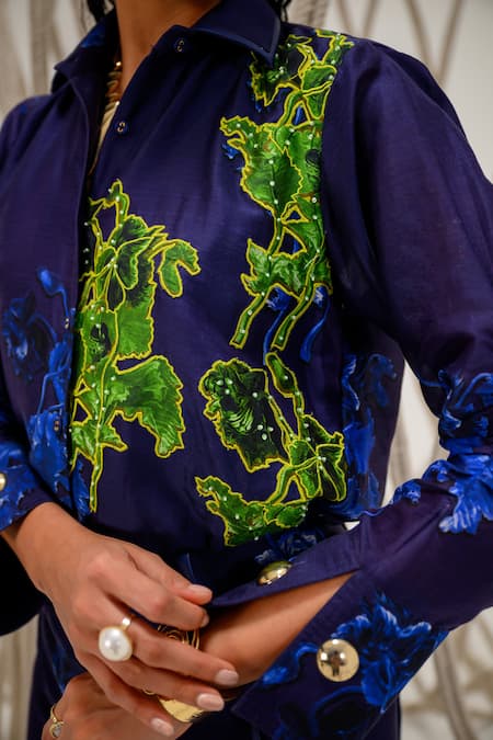 Shop_The Dramebaaz CO_Blue Chanderi Sequin, Thread, 3d Floral Twilight Reef Print Shirt And Skirt Set _Online_at_Aza_Fashions