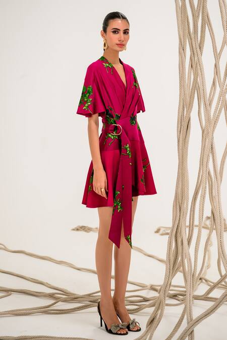 Shop_The Dramebaaz CO_Pink Chanderi 3d Floral V Neck Berry Fizz Beach Printed Dress _Online_at_Aza_Fashions