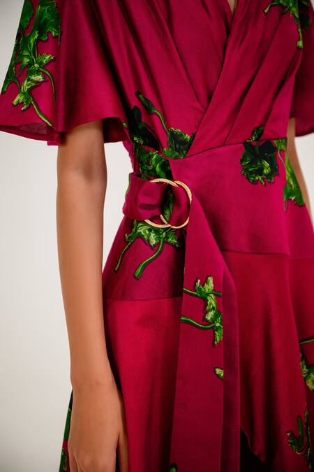 The Dramebaaz CO_Pink Chanderi 3d Floral V Neck Berry Fizz Beach Printed Dress _at_Aza_Fashions