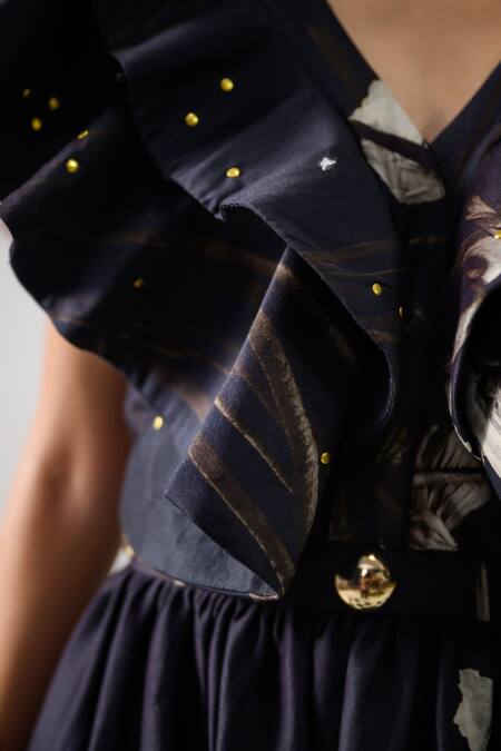 The Dramebaaz CO_Black Chanderi Victorian Petals Plunge V Neck Print Ruffle Dress _Online_at_Aza_Fashions