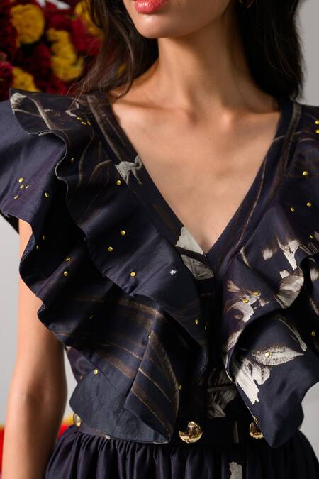 Buy_The Dramebaaz CO_Black Chanderi Victorian Petals Plunge V Neck Print Ruffle Dress _Online_at_Aza_Fashions