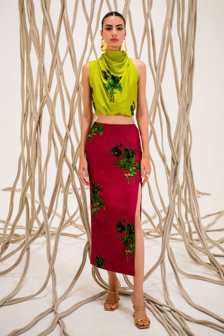 Shop The Dramebaaz CO Green Chanderi 3d Photogenic Floral Cowl Neck Lush Bustier Online at Aza Fashions Shop_The Dramebaaz CO_Green Chanderi 3d Photogenic Floral Cowl Neck Lush Bustier _Online_at_Aza_Fashions