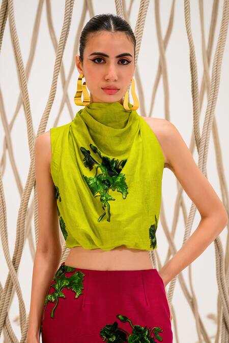 Shop The Dramebaaz CO Green Chanderi Embroidery Cowl Neck Neon Bustier And Pink Skirt Set Online at Aza Fashions Shop_The Dramebaaz CO_Green Chanderi Embroidery Cowl Neck Neon Bustier And Pink Skirt Set _Online_at_Aza_Fashions