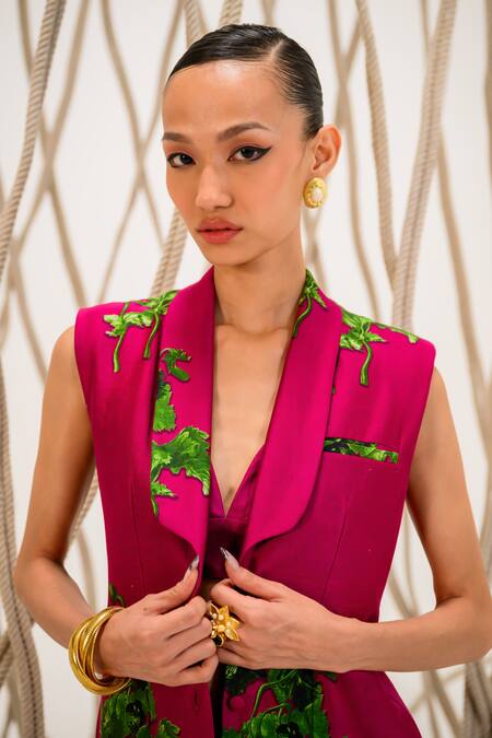 Buy_The Dramebaaz CO_Pink Chanderi 3d Floral Shawl Collar Byzanite Print Blazer And Trouser Set _Online_at_Aza_Fashions