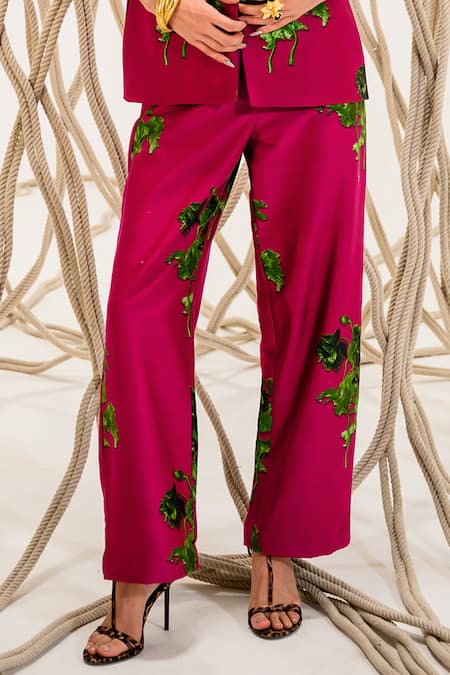 Shop_The Dramebaaz CO_Pink Chanderi 3d Floral Shawl Collar Byzanite Print Blazer And Trouser Set _Online_at_Aza_Fashions