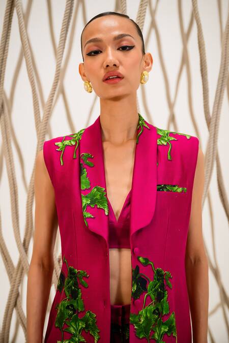 The Dramebaaz CO_Pink Chanderi 3d Floral Shawl Collar Byzanite Print Blazer And Trouser Set _at_Aza_Fashions