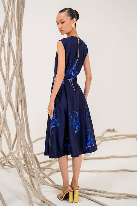 The Dramebaaz CO Navy Blue Chanderi 3D Floral Midi Dress 