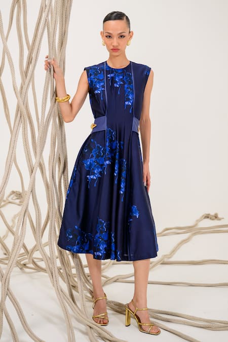 The Dramebaaz Co Navy Blue Chanderi 3D Floral Midi Dress 