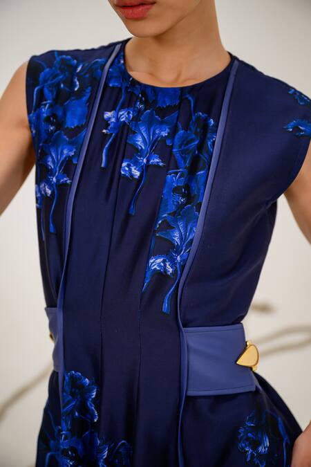 Buy_The Dramebaaz CO_Blue Chanderi Round Neck Navy 3d Floral Midi Dress _Online_at_Aza_Fashions