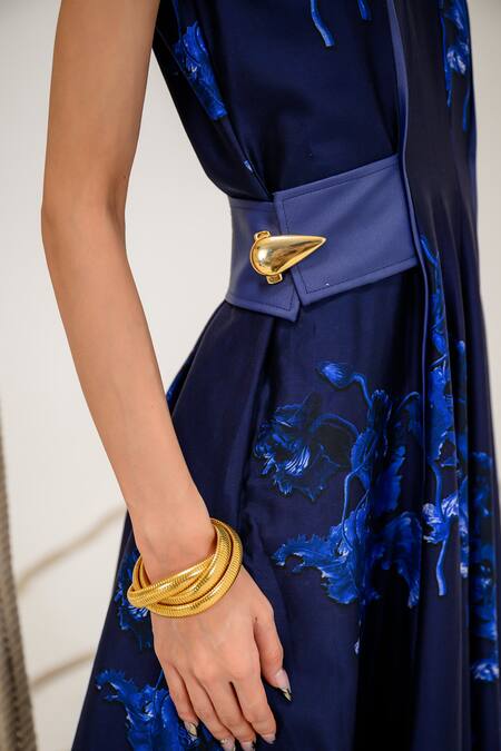 Shop_The Dramebaaz CO_Blue Chanderi Round Neck Navy 3d Floral Midi Dress _Online_at_Aza_Fashions