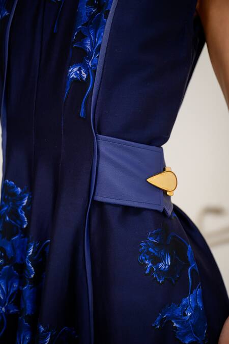 The Dramebaaz CO_Blue Chanderi Round Neck Navy 3d Floral Midi Dress _at_Aza_Fashions