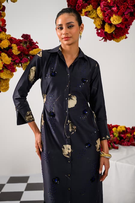 The Dramebaaz CO_Black Chanderi Floral, Bead Collar Nocturne Cut Out Dress _Online_at_Aza_Fashions