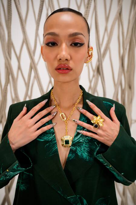 The Dramebaaz CO_Green Chanderi Floral Collar Lushmore Print Blazer _Online_at_Aza_Fashions