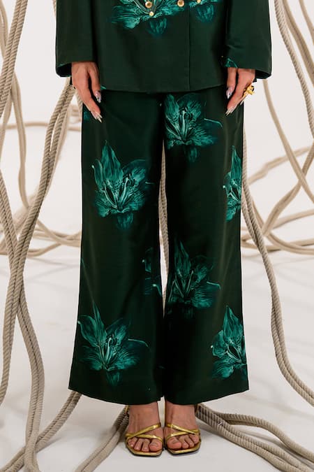 The Dramebaaz CO_Green Chanderi Studs Floral Print Blazer And Pant Set _Online_at_Aza_Fashions