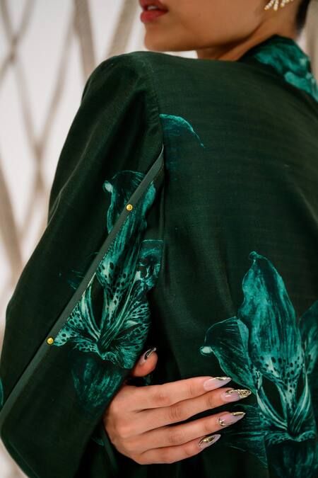 Shop_The Dramebaaz CO_Green Chanderi Studs Floral Print Blazer And Pant Set _Online_at_Aza_Fashions