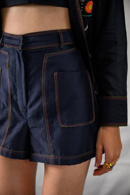 The Dramebaaz CO Black Chanderi Heirloom Pocketed Shorts Online at Aza Fashions The Dramebaaz CO_Black Chanderi Heirloom Pocketed Shorts_Online_at_Aza_Fashions