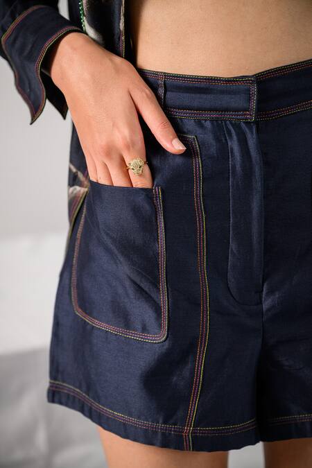 The Dramebaaz CO Black Chanderi Heirloom Pocketed Shorts at Aza Fashions The Dramebaaz CO_Black Chanderi Heirloom Pocketed Shorts_at_Aza_Fashions