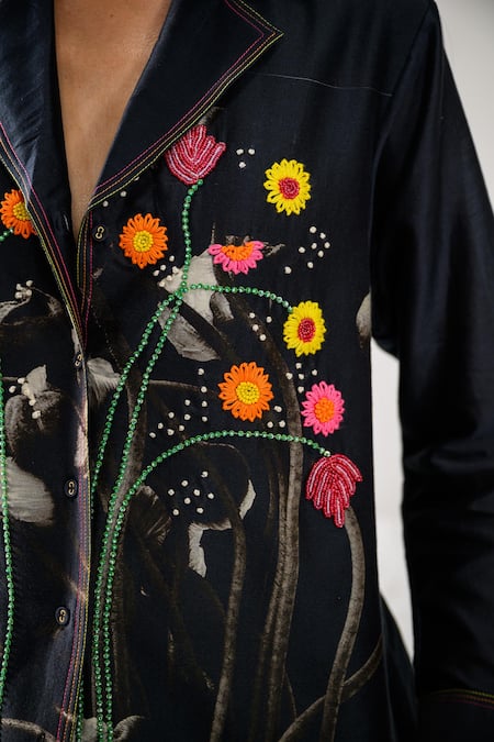 The Dramebaaz CO_Black Chanderi Floral, French Heirloom Petals Embroidered Shirt With Shorts _Online_at_Aza_Fashions