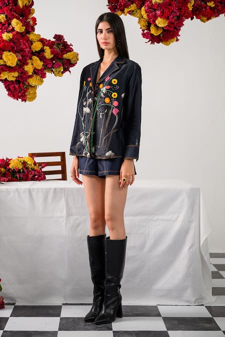 Buy_The Dramebaaz CO_Black Chanderi Floral, French Heirloom Petals Embroidered Shirt With Shorts 