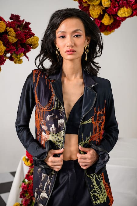 Buy_The Dramebaaz CO_Black Chanderi Floral, Abstract Web Lapel Interwine Print Blazer With Pant _Online_at_Aza_Fashions